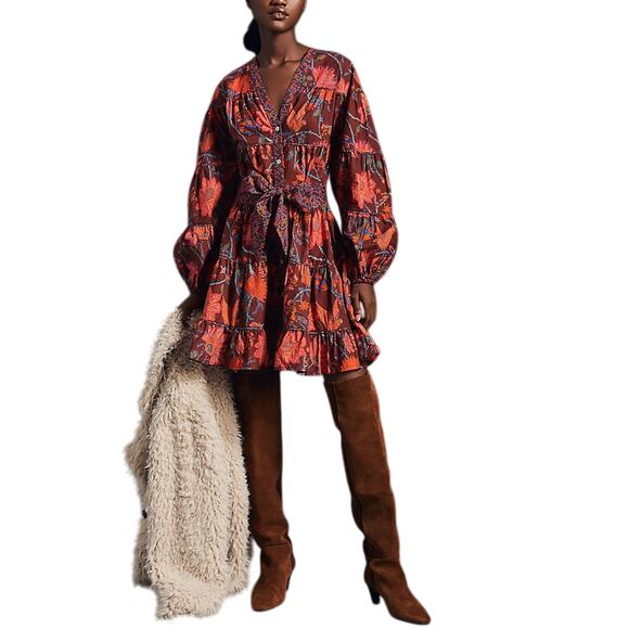 Farm Rio Brown Cotton Button-Front Dress Size S - Picture 1 of 5